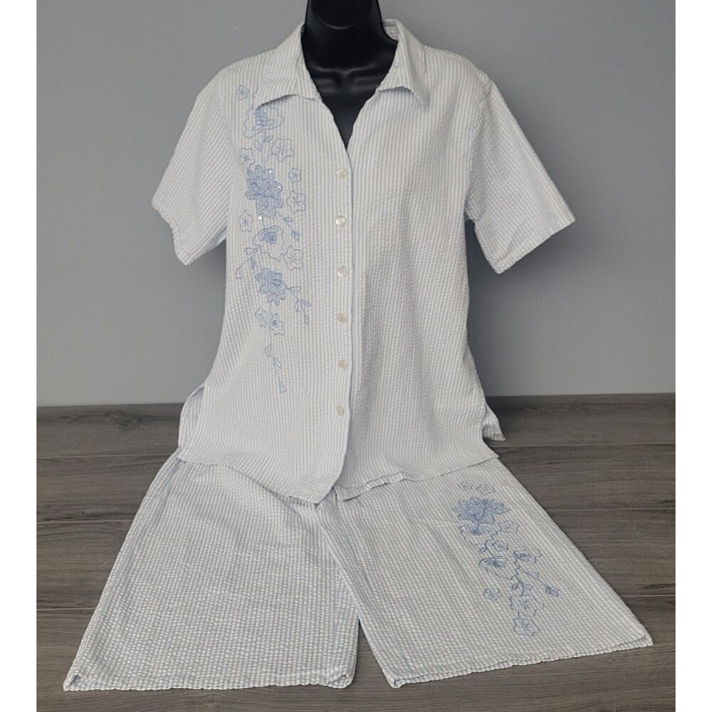 Susan Graver Seersucker 2 Piece Lounge Set Blue White Pinstripe Floral Womens L
